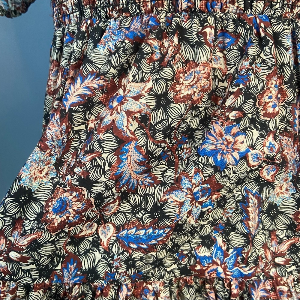 INA Dark Floral Puffy Short Sleeve Smocked Tiered Mini Dress - Picture 10 of 13